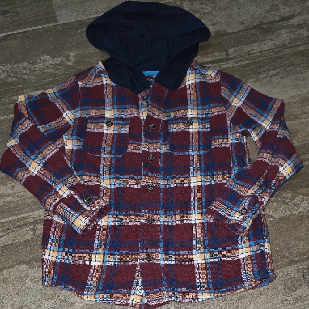 Plaid Hooded Kids Shirt - Maroon and Blue